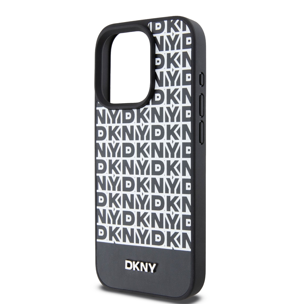 DKNY PU Leather Repeat Pattern Bottom Stripe Zadní Kryt pro iPhone 15 Pro Black