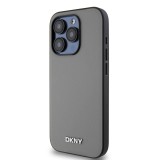 DKNY PU Leather Silver Metal Logo Magsafe Zadní Kryt pro iPhone 15 Pro Grey