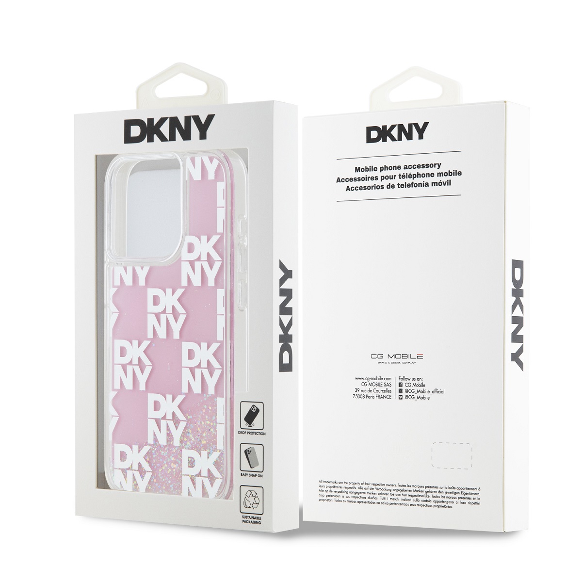 DKNY Liquid Glitter Checkered Pattern Zadní Kryt pro iPhone 15 Pro Pink