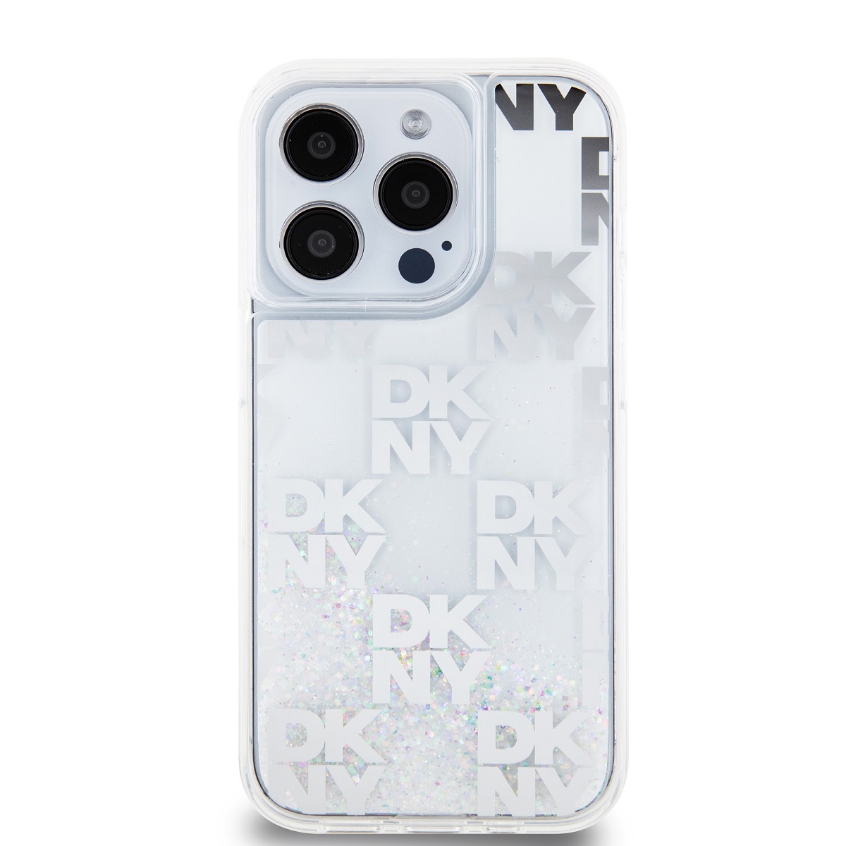 DKNY Liquid Glitter Checkered Pattern Zadní Kryt pro iPhone 15 Pro Transparent