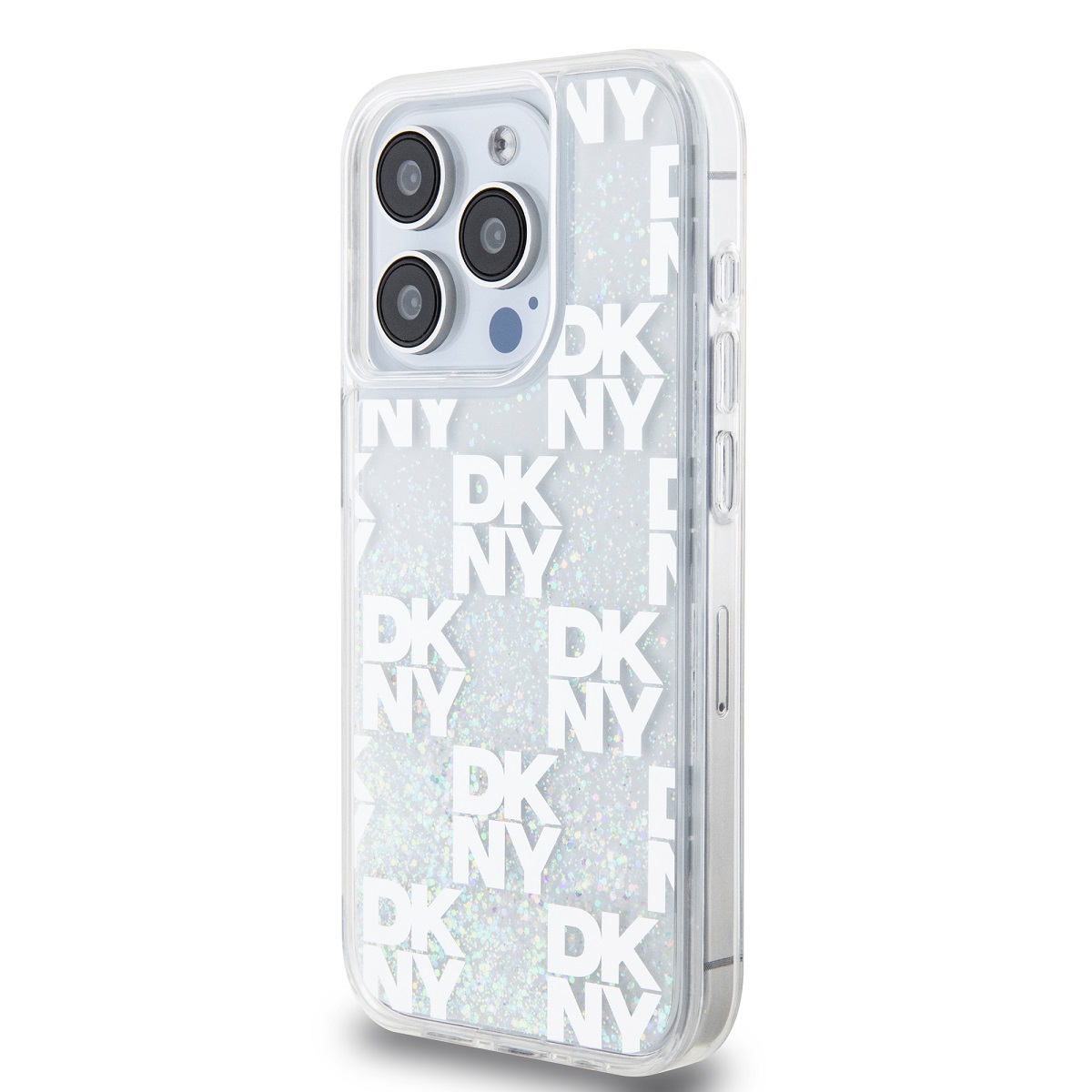 DKNY Liquid Glitter Checkered Pattern Zadní Kryt pro iPhone 15 Pro Transparent