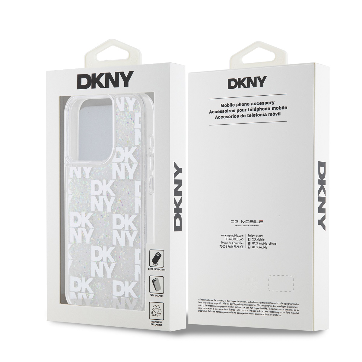 DKNY Liquid Glitter Checkered Pattern Zadní Kryt pro iPhone 15 Pro Transparent