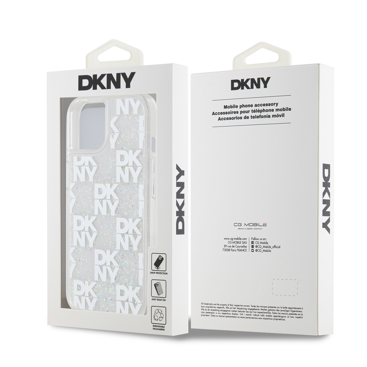 DKNY Liquid Glitter Checkered Pattern Zadní Kryt pro iPhone 15 Transparent