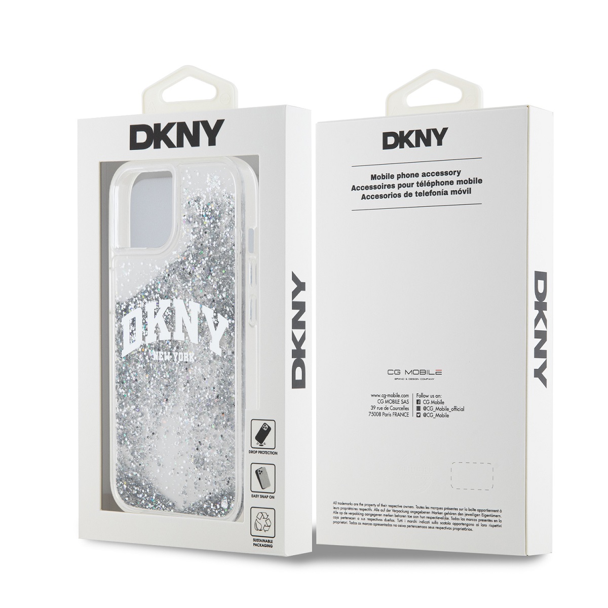 DKNY Liquid Glitter Arch Logo Zadní Kryt pro iPhone 15 Transparent