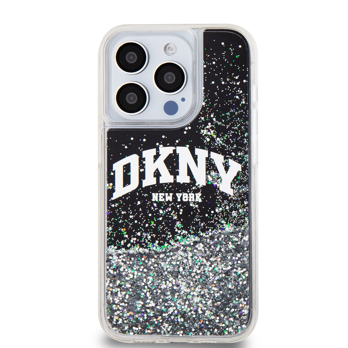 DKNY Liquid Glitter Arch Logo Zadní Kryt pro iPhone 15 Pro Black