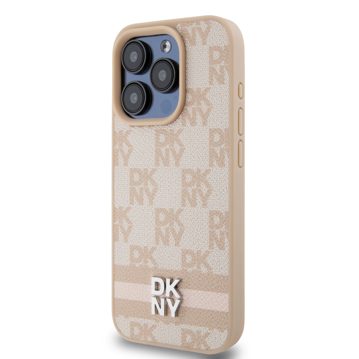 DKNY PU Leather Checkered Pattern and Stripe Zadní Kryt pro iPhone 15 Pro Max Pink