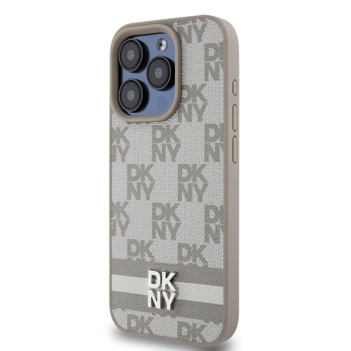 DKNY PU Leather Checkered Pattern and Stripe Zadní Kryt pro iPhone 13 Pro Max Beige