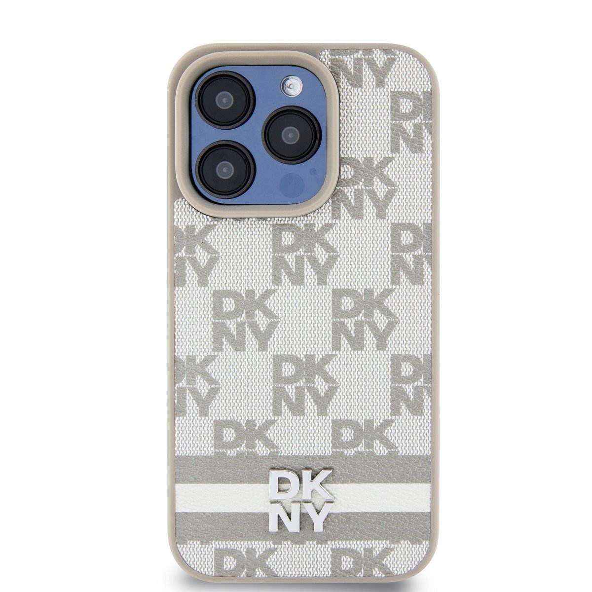 DKNY PU Leather Checkered Pattern and Stripe Zadní Kryt pro iPhone 13 Pro Beige