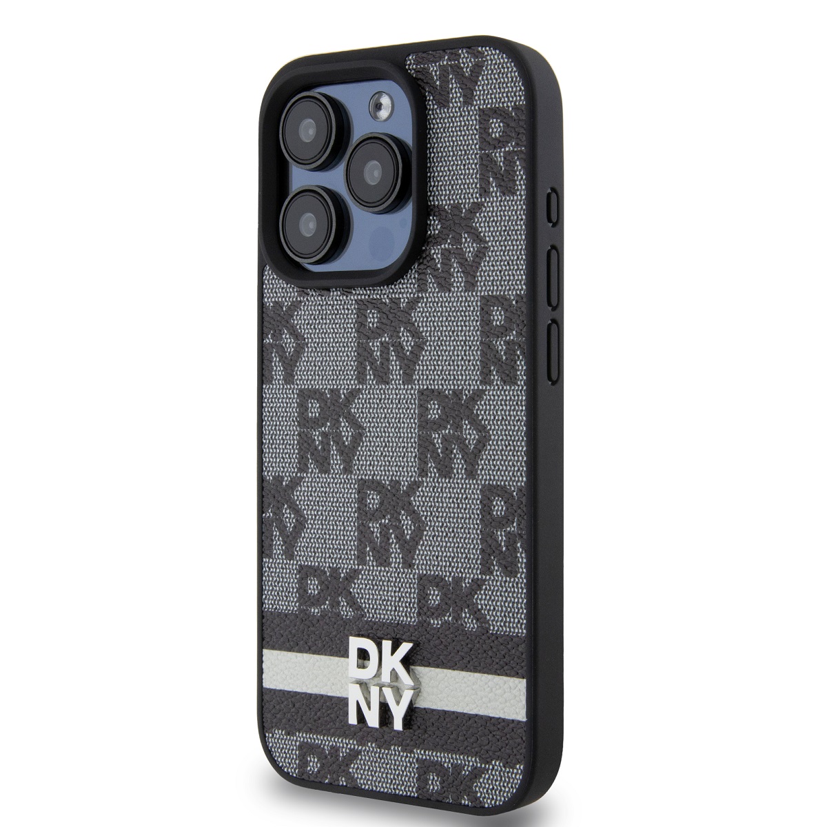 DKNY PU Leather Checkered Pattern and Stripe Zadní Kryt pro iPhone 14 Pro Max Black