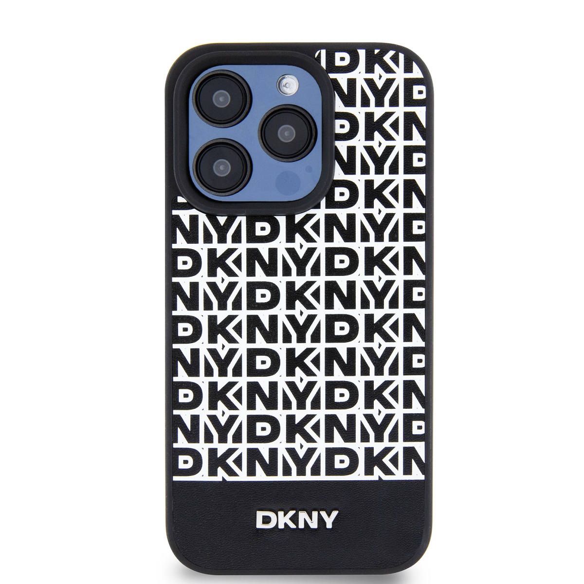 DKNY PU Leather Repeat Pattern Bottom Stripe Zadní Kryt pro iPhone 15 Pro Max Black