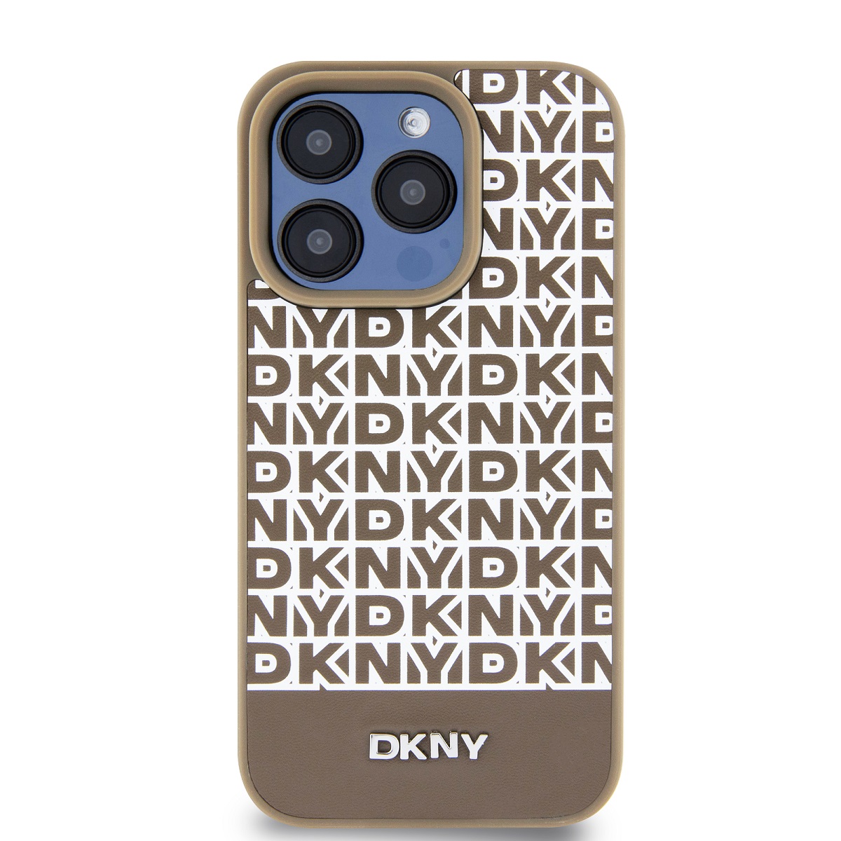 DKNY PU Leather Repeat Pattern Bottom Stripe Zadní Kryt pro iPhone 15 Pro Max Brown