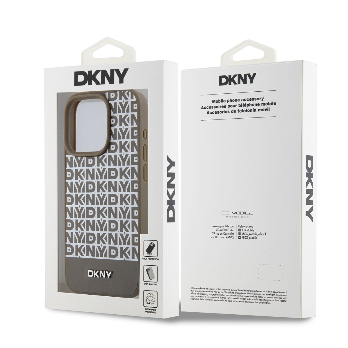 DKNY PU Leather Repeat Pattern Bottom Stripe Zadní Kryt pro iPhone 14 Pro Brown