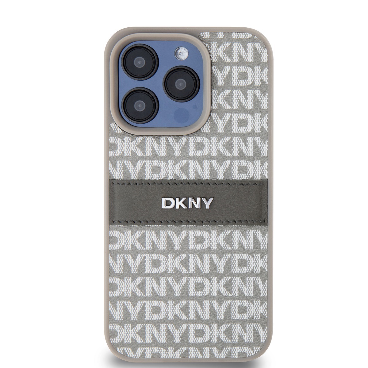 DKNY PU Leather Repeat Pattern Tonal Stripe Zadní Kryt pro iPhone 14 Pro Max Beige