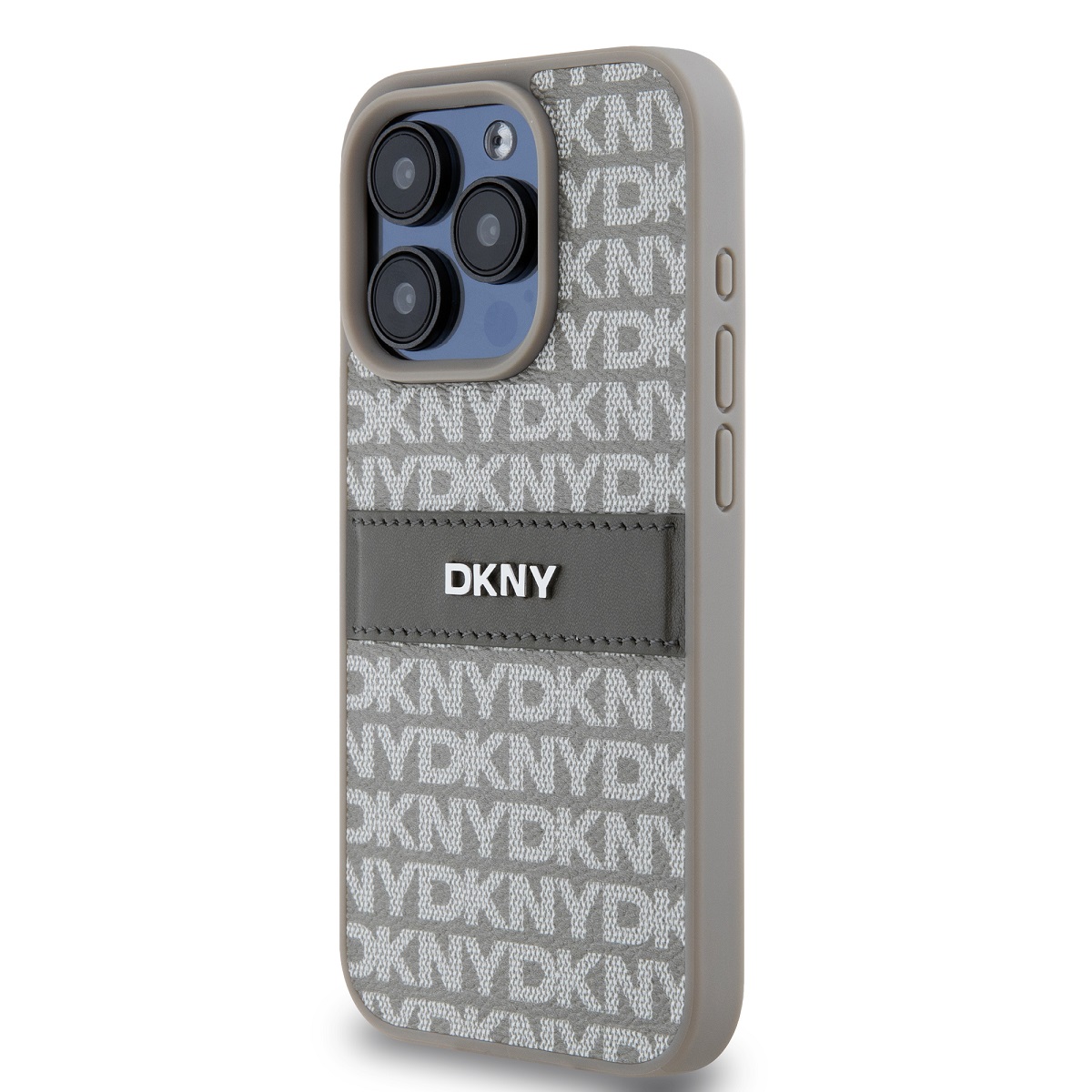 DKNY PU Leather Repeat Pattern Tonal Stripe Zadní Kryt pro iPhone 14 Pro Max Beige