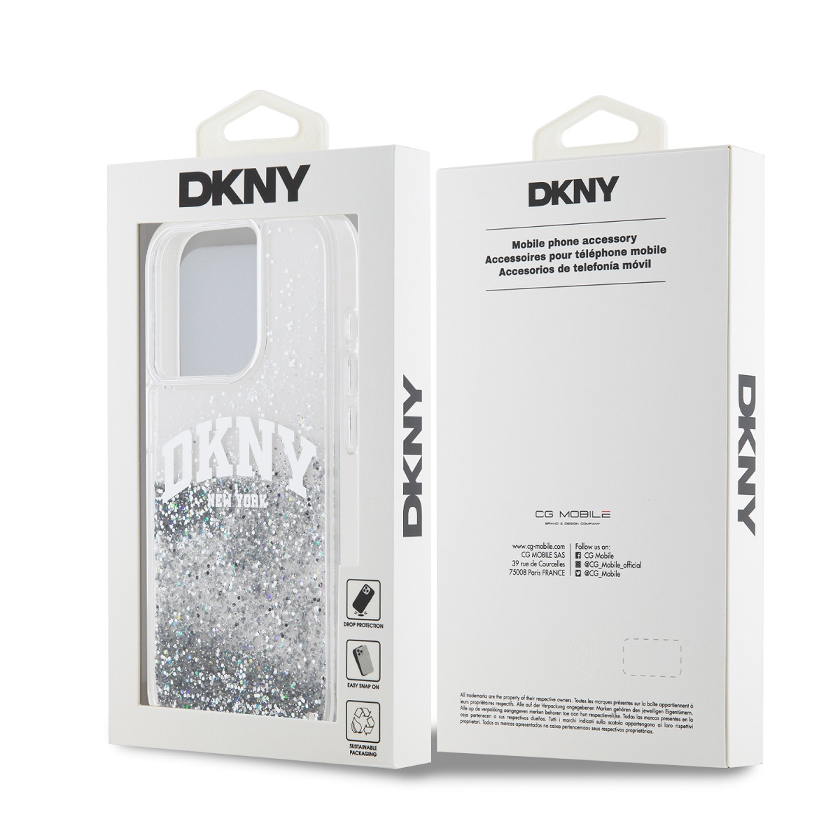 DKNY Liquid Glitter Arch Logo Zadní Kryt pro iPhone 14 Pro Max Transparent