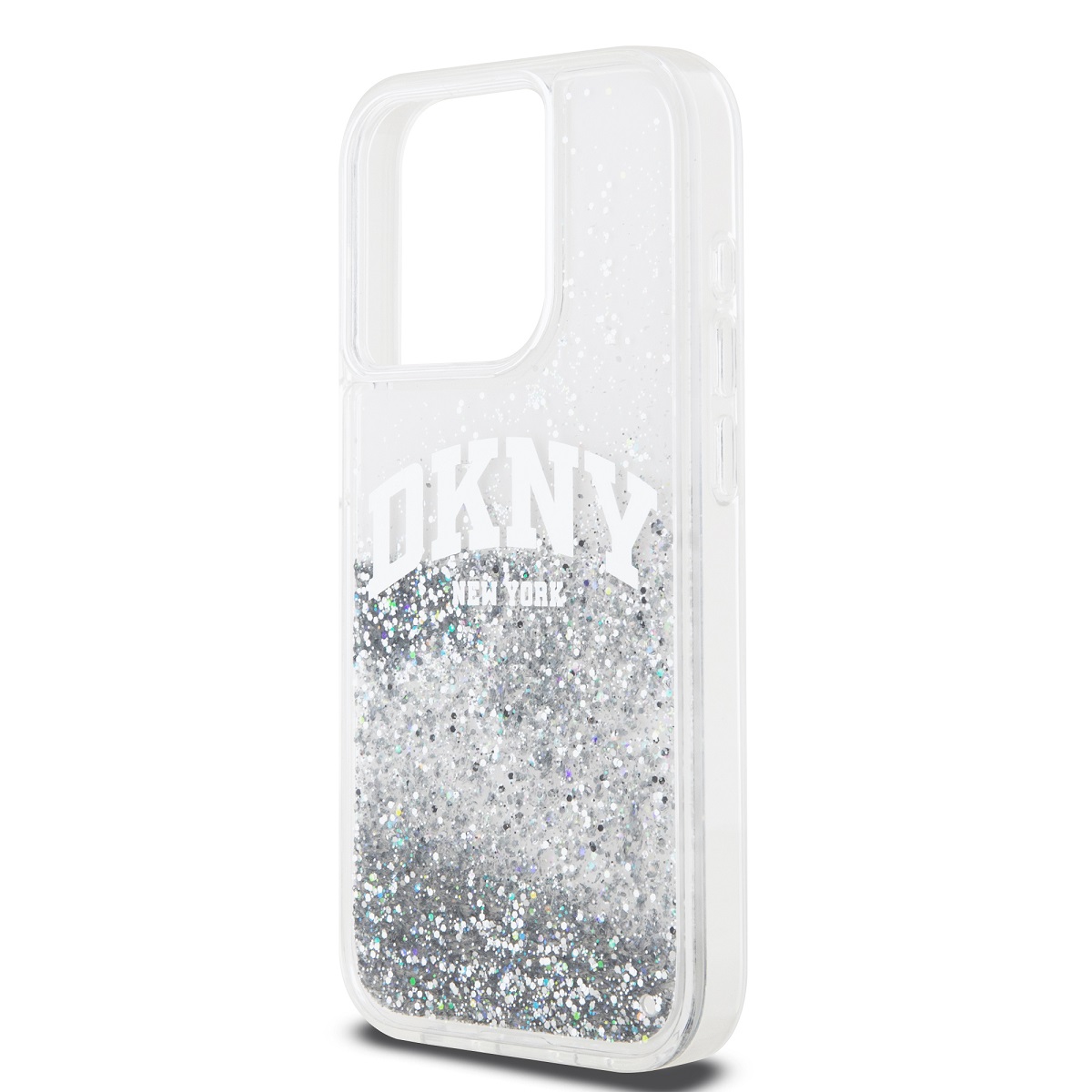 DKNY Liquid Glitter Arch Logo Zadní Kryt pro iPhone 14 Pro Transparent