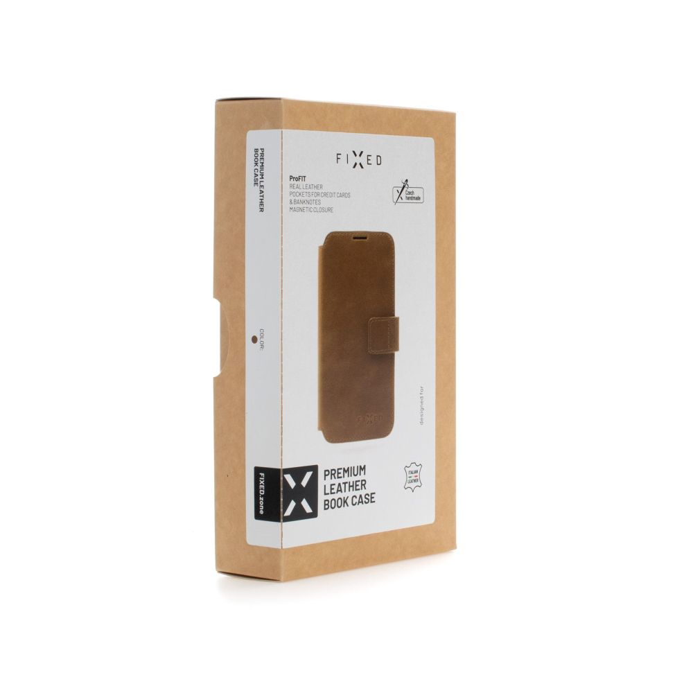 Kožené pouzdro typu kniha FIXED ProFit pro Apple iPhone 4 SE, hnědé