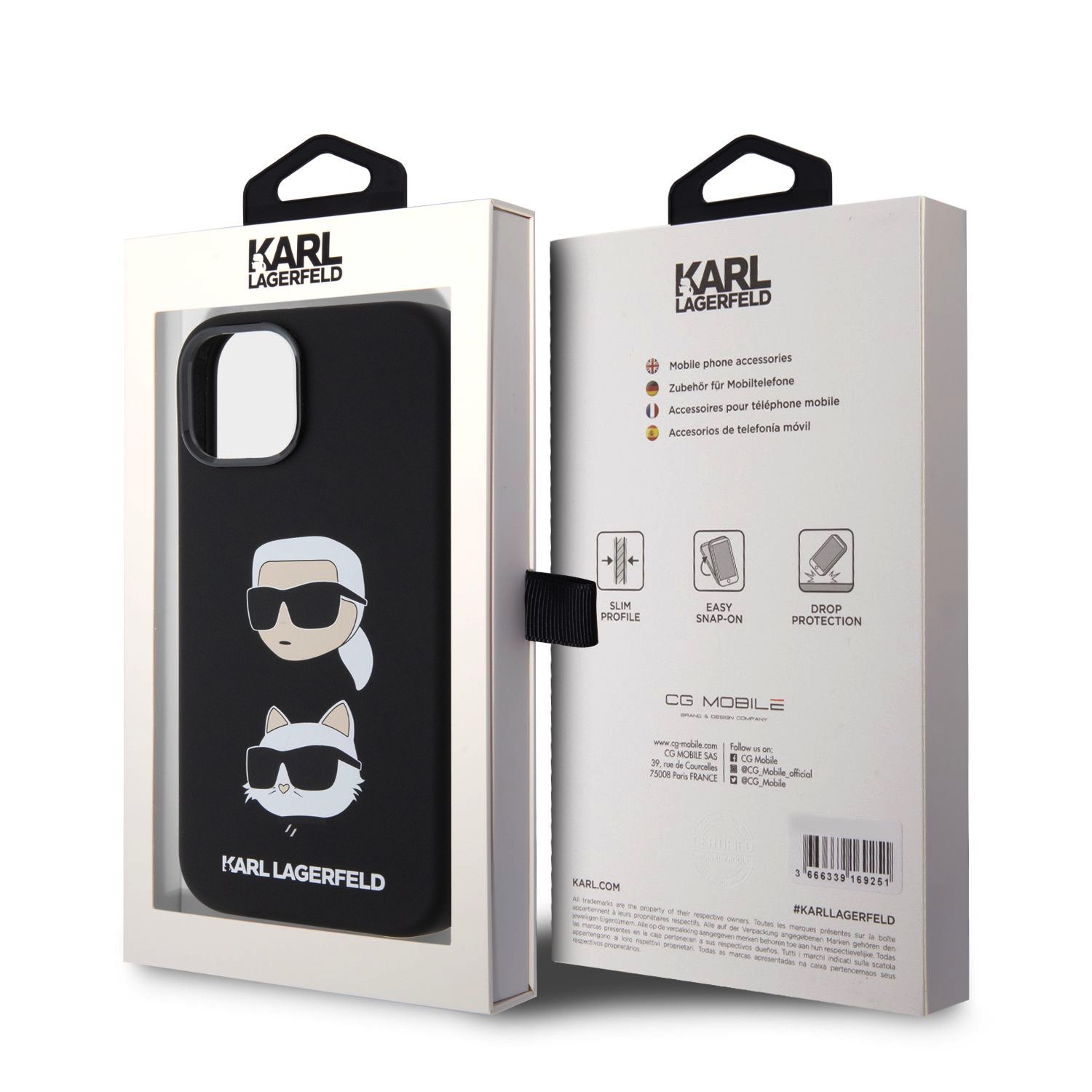 Karl Lagerfeld Liquid Silicone Karl and Choupette Heads Zadní Kryt pro iPhone 15 Black