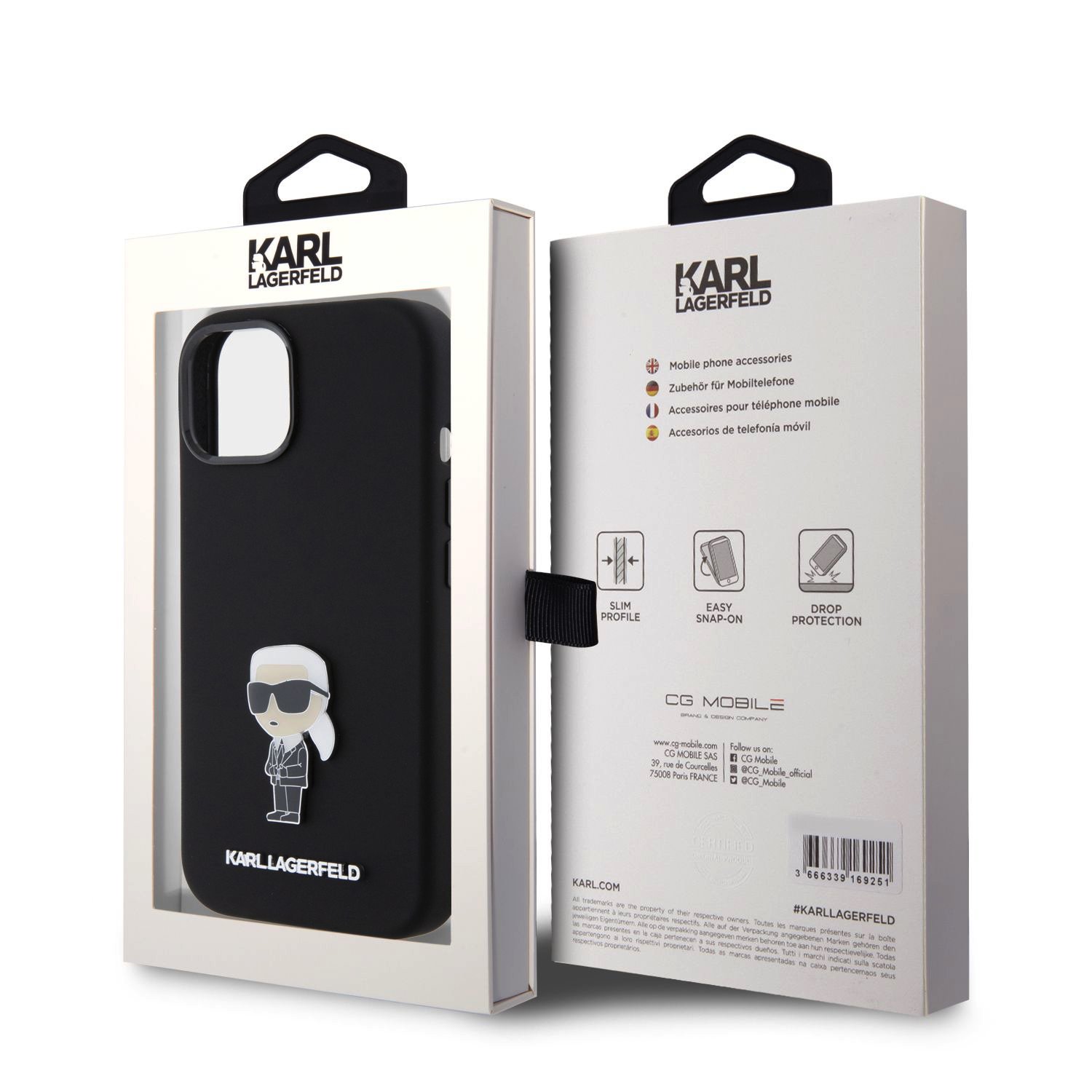 Karl Lagerfeld Liquid Silicone Metal Ikonik Zadní Kryt pro iPhone 15 Black