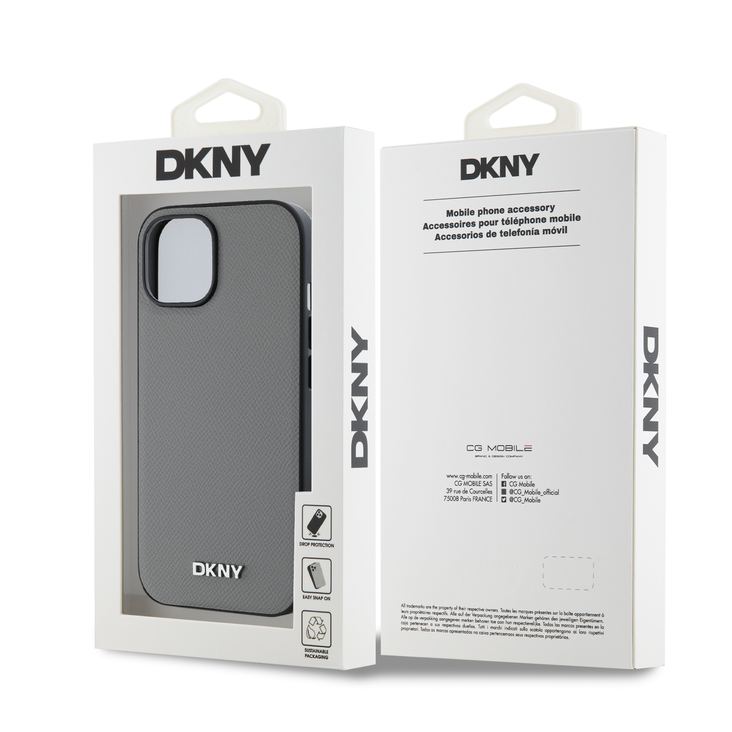 DKNY PU Leather Silver Metal Logo Magsafe Zadní Kryt pro iPhone 15 Grey