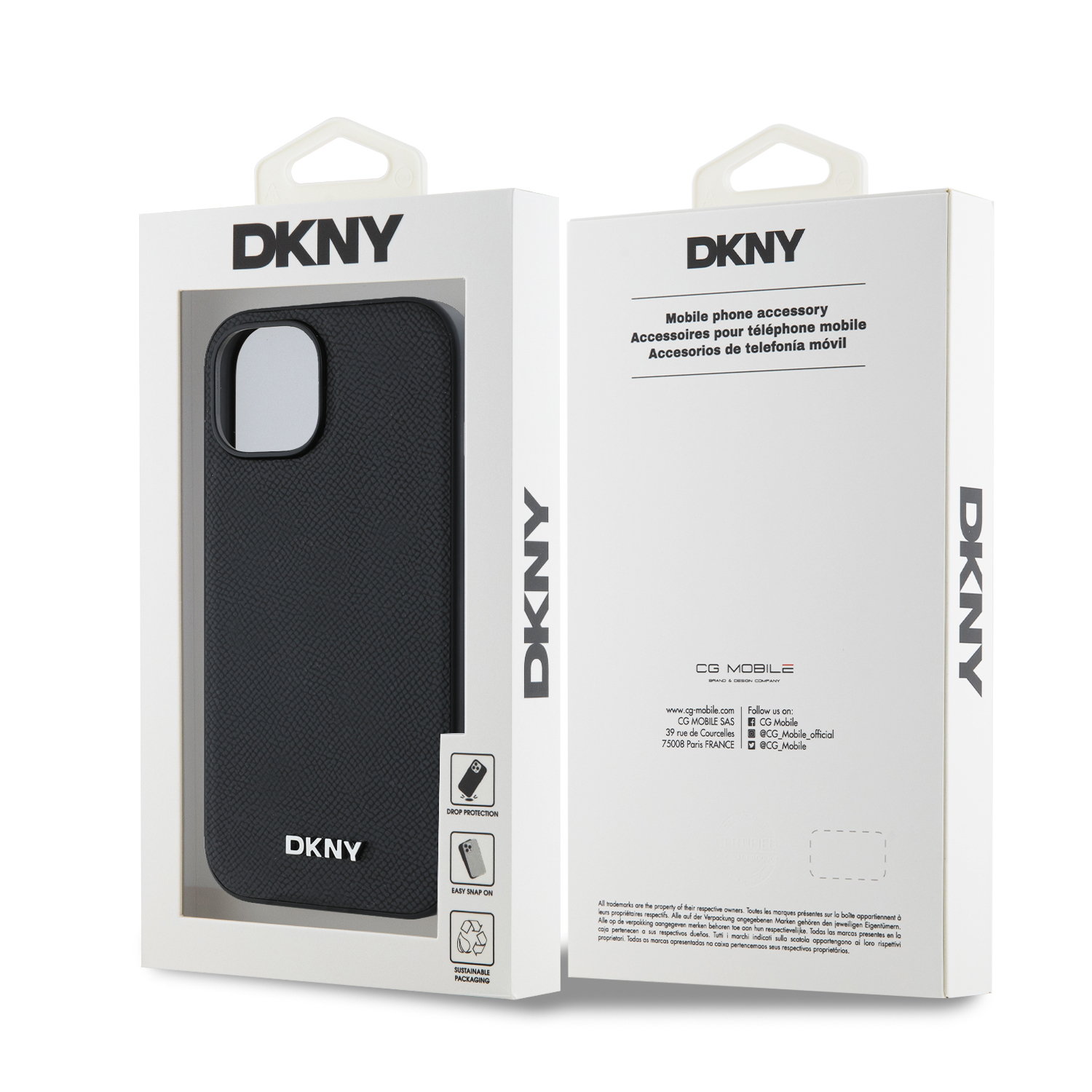 Zadní kryt DKNY PU Leather Silver Metal Logo Magsafe pro Apple iPhone 13, černá