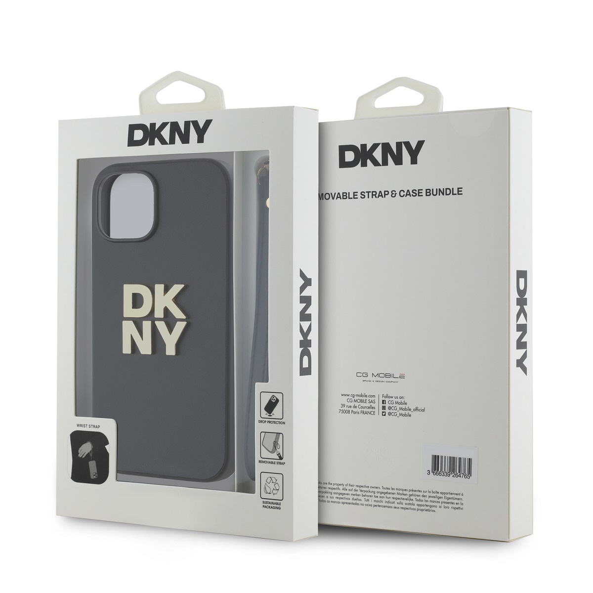 DKNY PU Leather Stack Logo Wrist Strap Zadní Kryt pro iPhone 15 Black