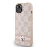 DKNY PU Leather Checkered Pattern and Stripe Zadní Kryt pro iPhone 15 Pink