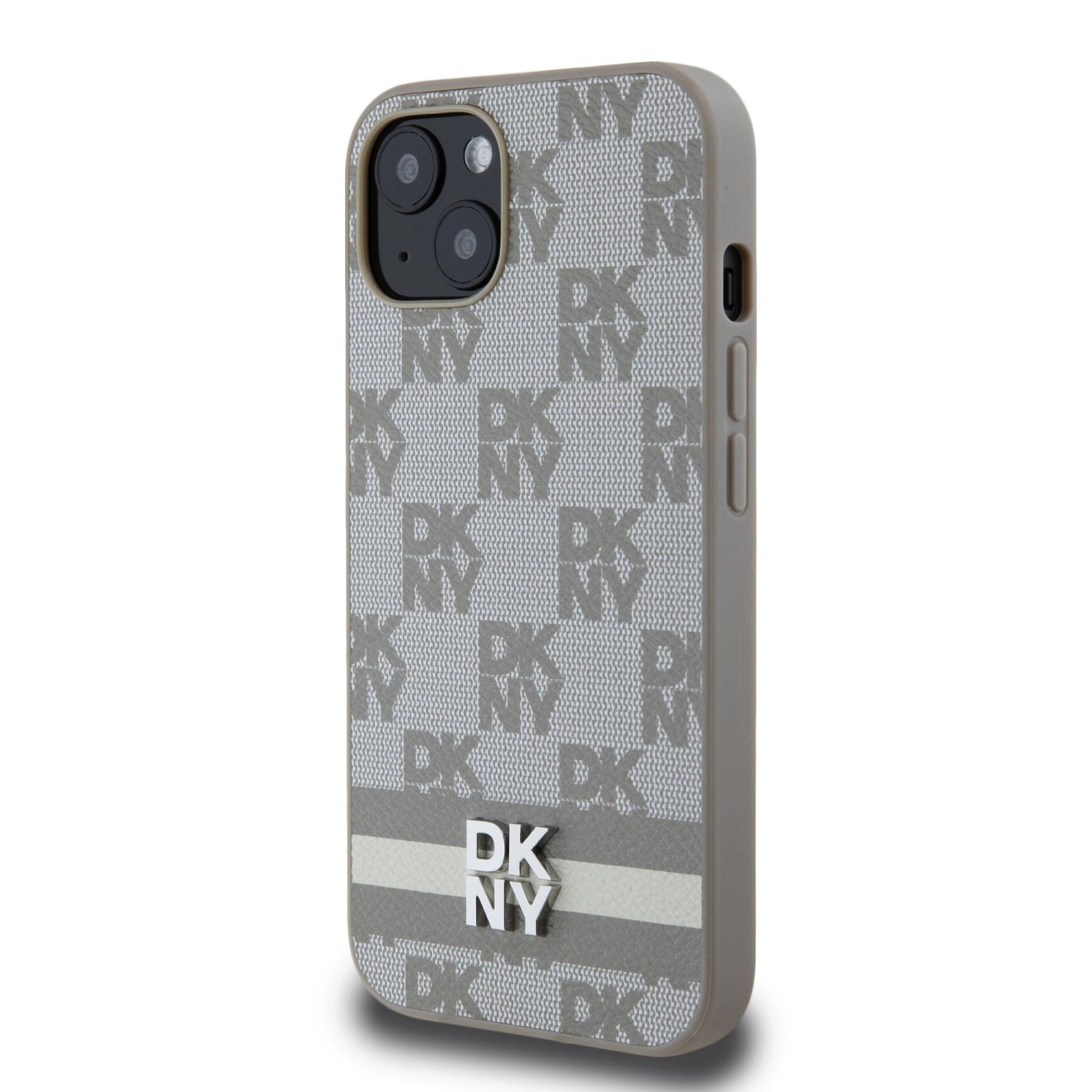 DKNY PU Leather Checkered Pattern and Stripe Zadní Kryt pro iPhone 13 Beige