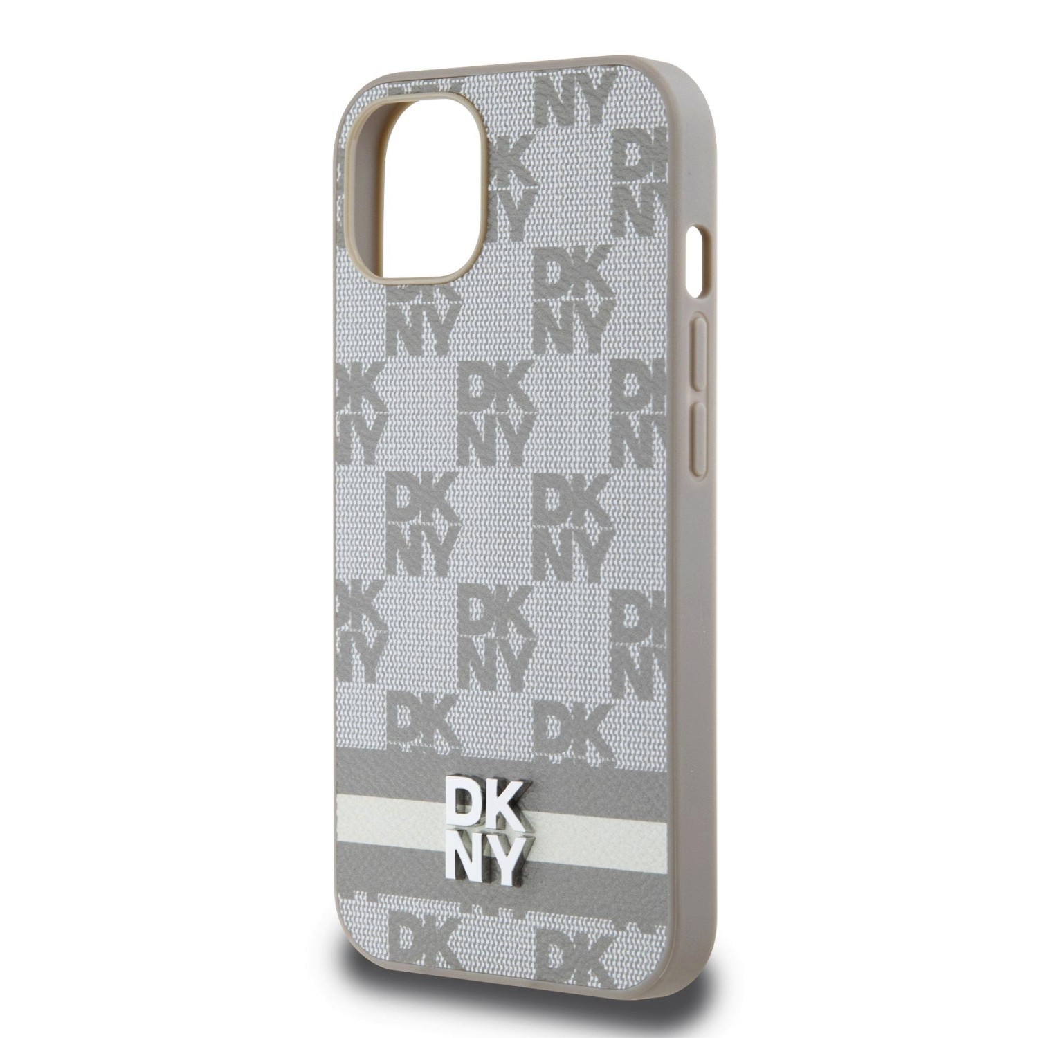 DKNY PU Leather Checkered Pattern and Stripe Zadní Kryt pro iPhone 13 Beige