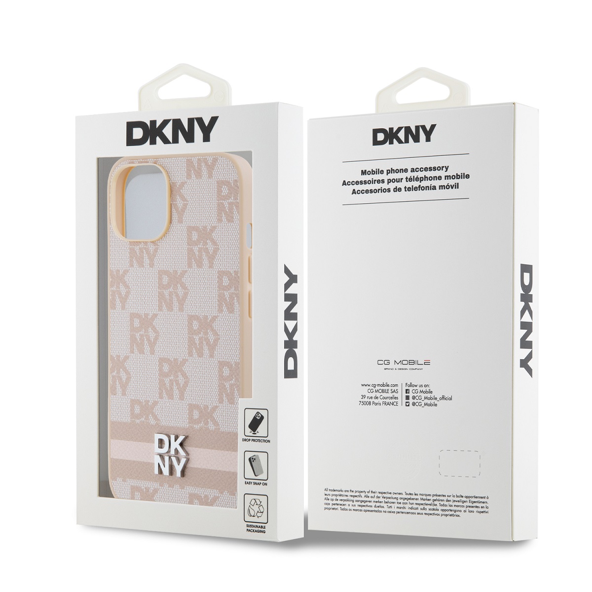 DKNY PU Leather Checkered Pattern and Stripe Zadní Kryt pro iPhone 14 Pink