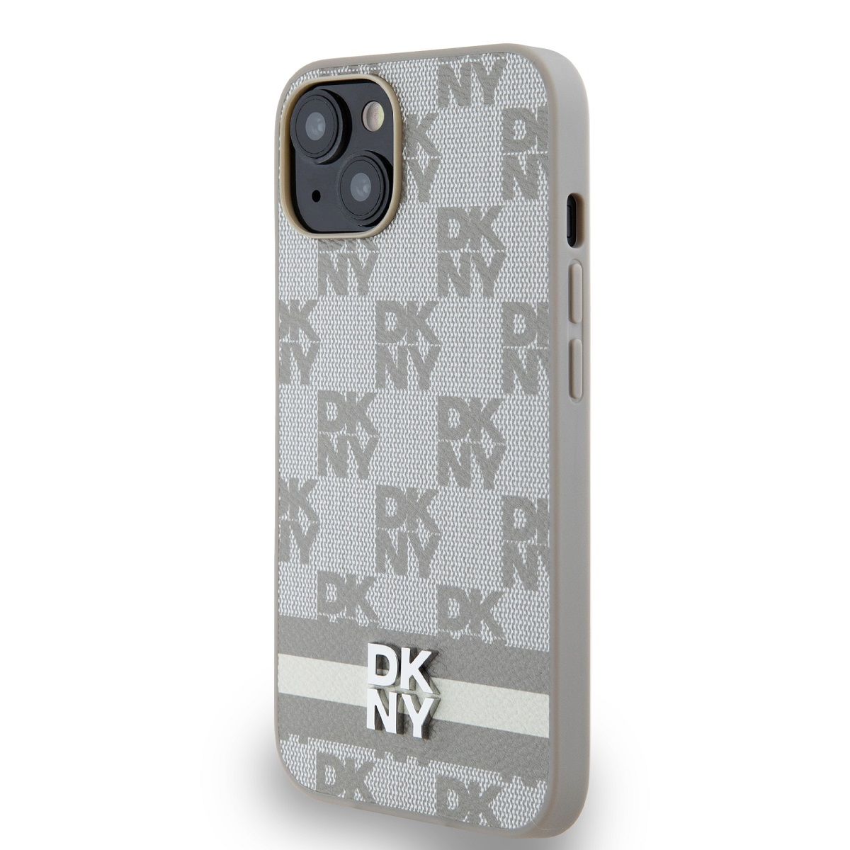 DKNY PU Leather Checkered Pattern and Stripe Zadní Kryt pro iPhone 14 Beige