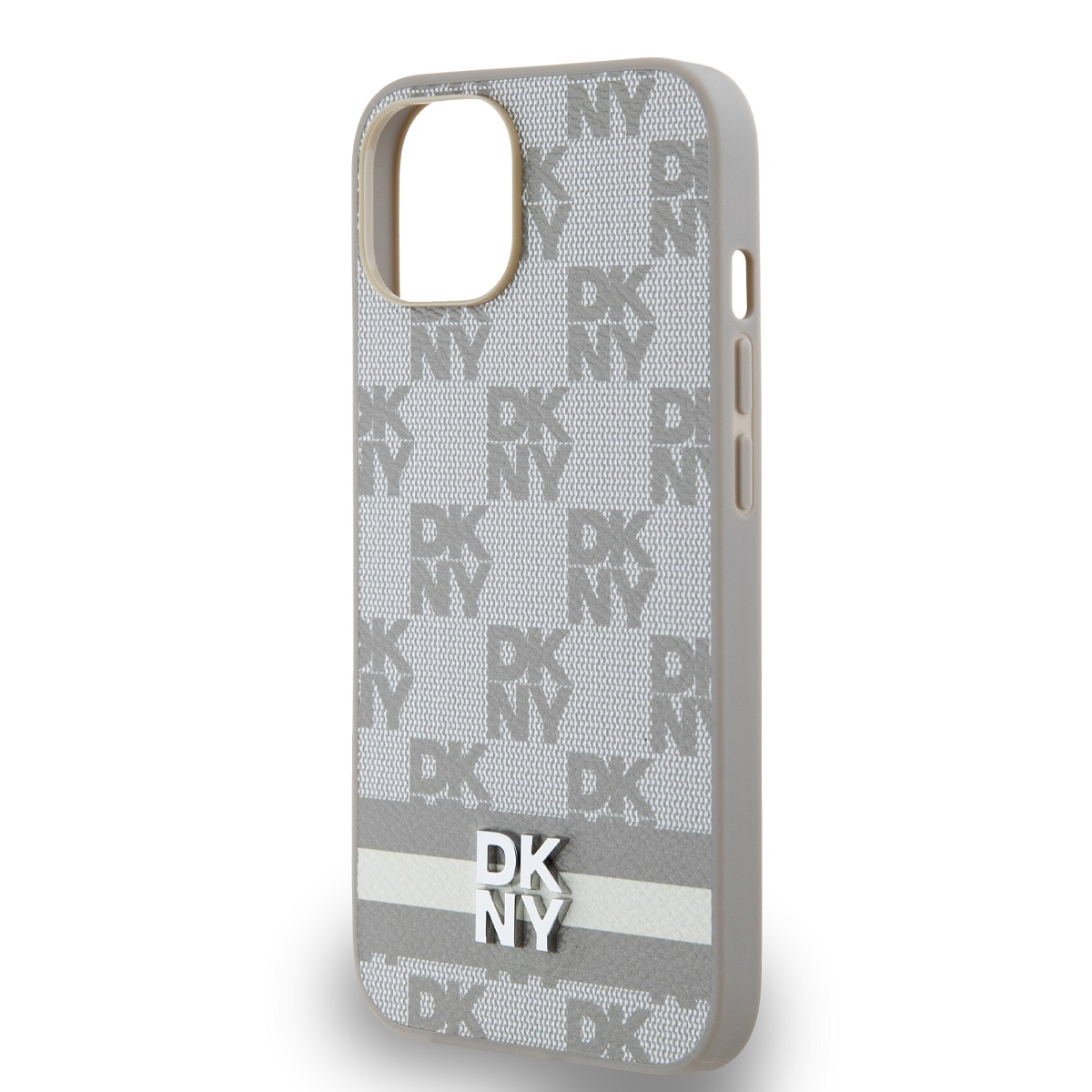 DKNY PU Leather Checkered Pattern and Stripe Zadní Kryt pro iPhone 14 Beige