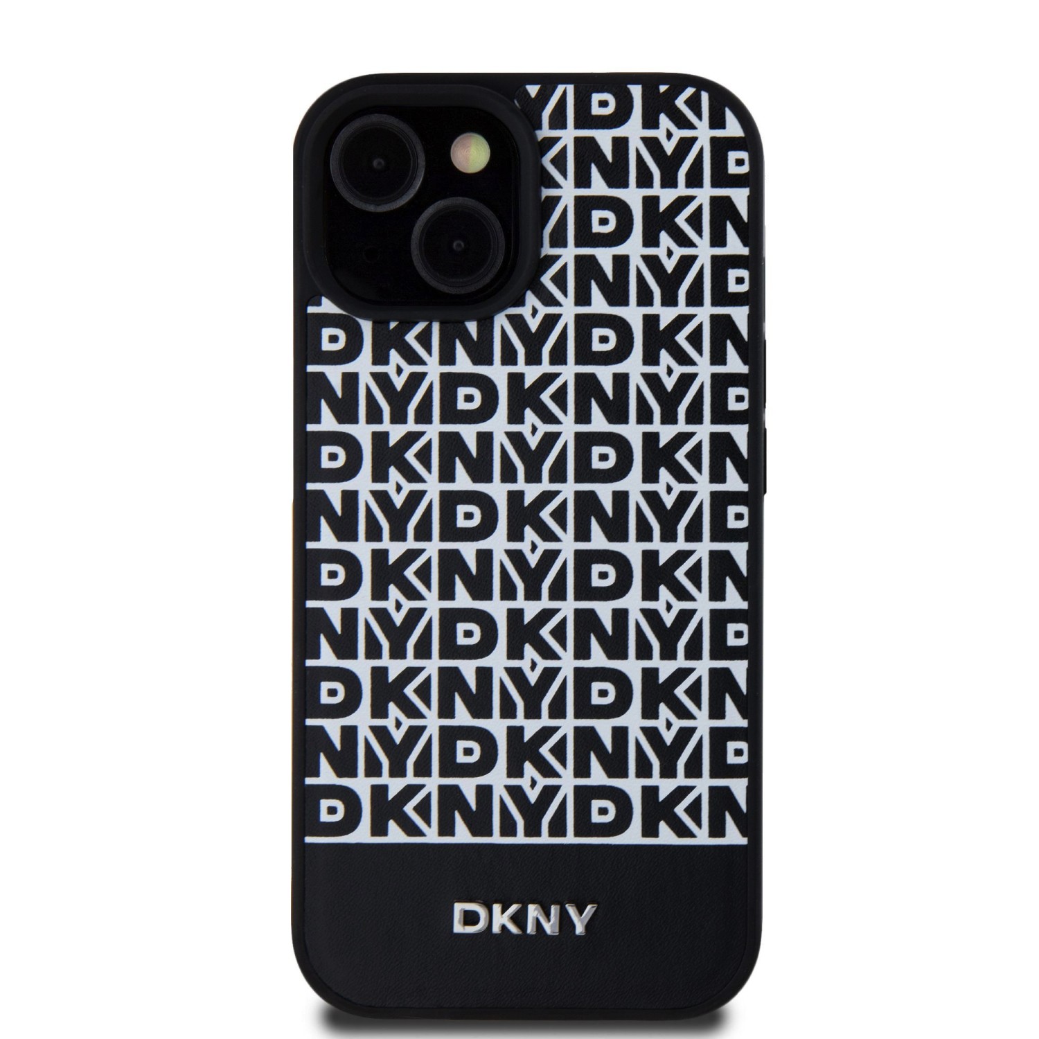 DKNY PU Leather Repeat Pattern Bottom Stripe MagSafe Zadní Kryt pro iPhone 15 Black