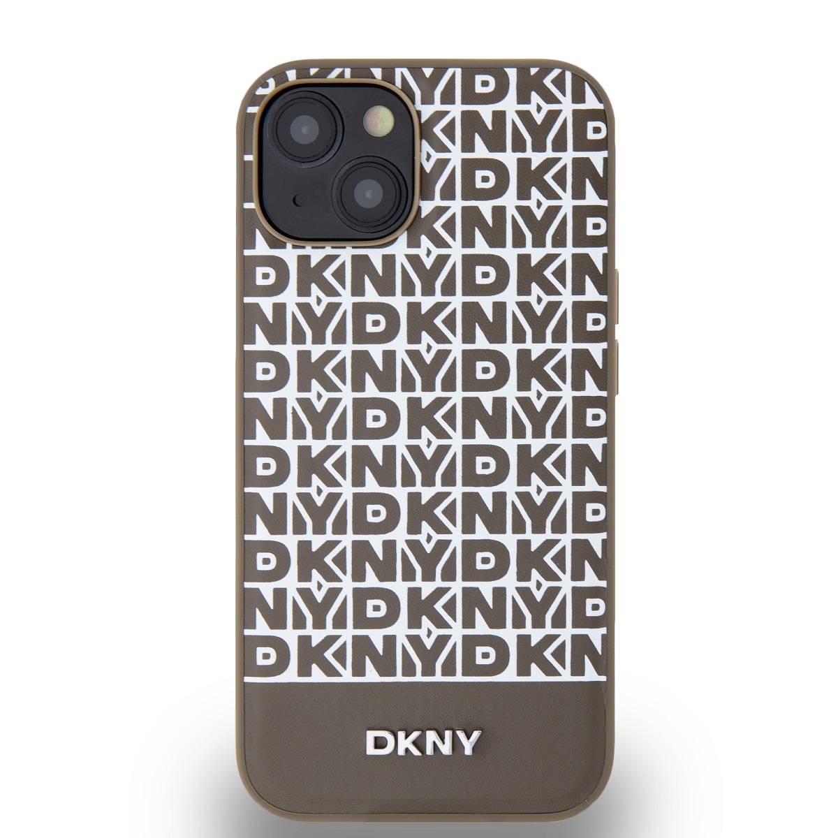 DKNY PU Leather Repeat Pattern Bottom Stripe MagSafe Zadní Kryt pro iPhone 15 Brown