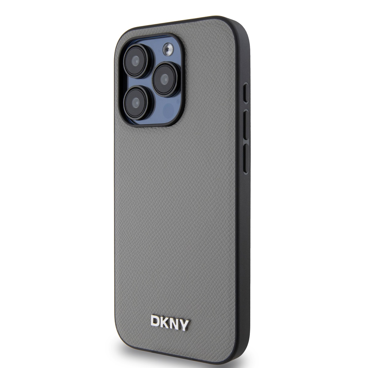 DKNY PU Leather Silver Metal Logo Magsafe Zadní Kryt pro iPhone 15 Pro Max Grey