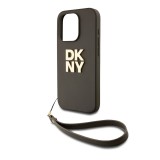 DKNY PU Leather Stack Logo Wrist Strap Zadní Kryt pro iPhone 14 Pro Green