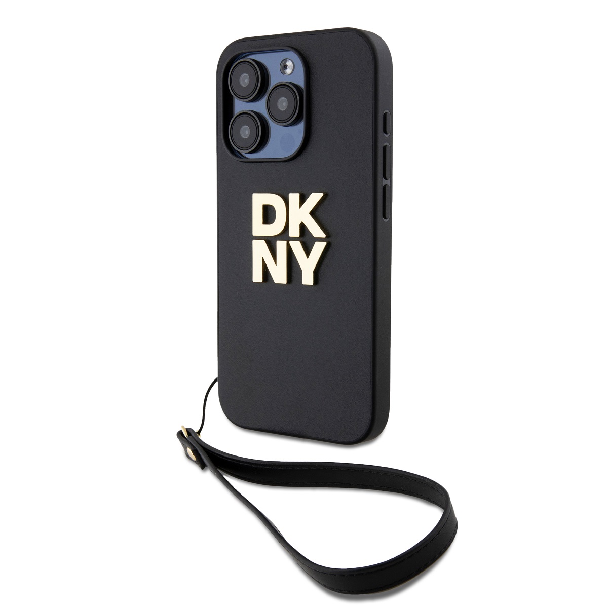 DKNY PU Leather Stack Logo Wrist Strap Zadní Kryt pro iPhone 14 Pro Black