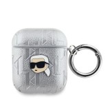 Pouzdro Karl Lagerfeld PU Embossed Choupette Head pro AirPods 1/2, stříbrná