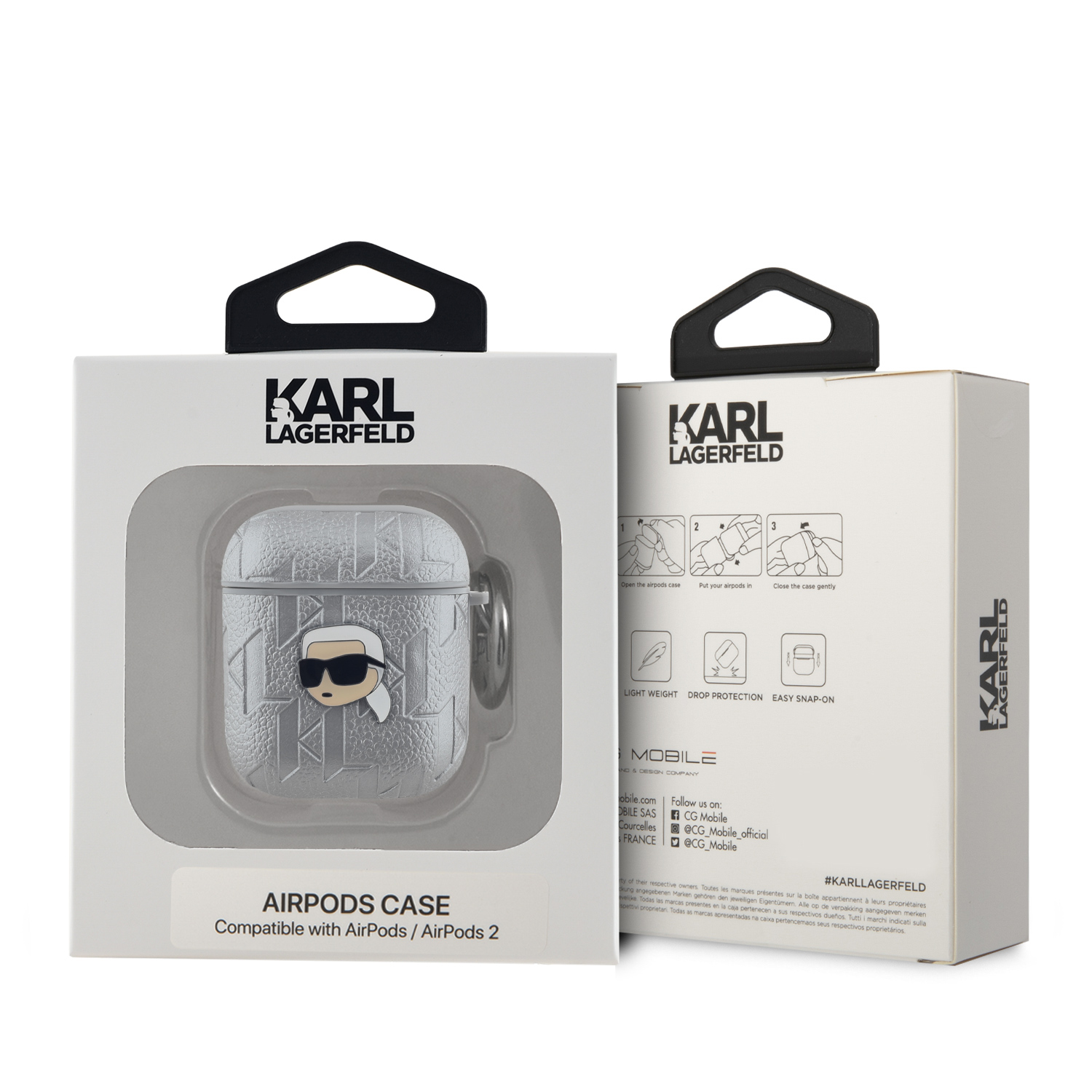 Karl Lagerfeld PU Embossed Karl Head Pouzdro pro AirPods 1/2 Silver