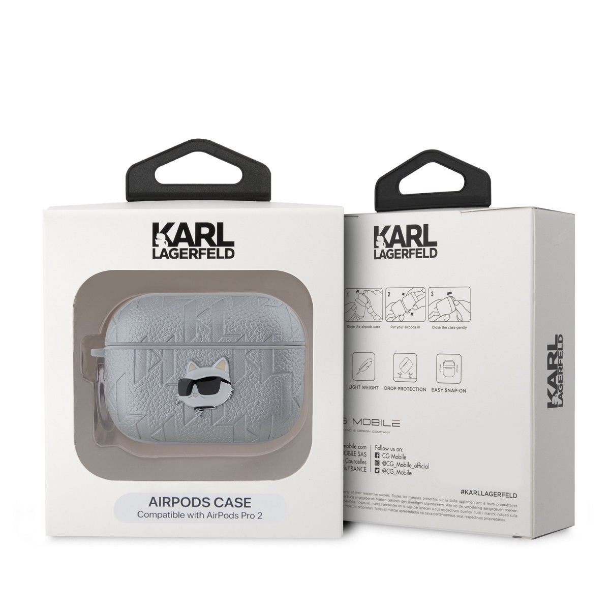 Karl Lagerfeld PU Embossed Choupette Head Pouzdro pro AirPods Pro 2 Silver