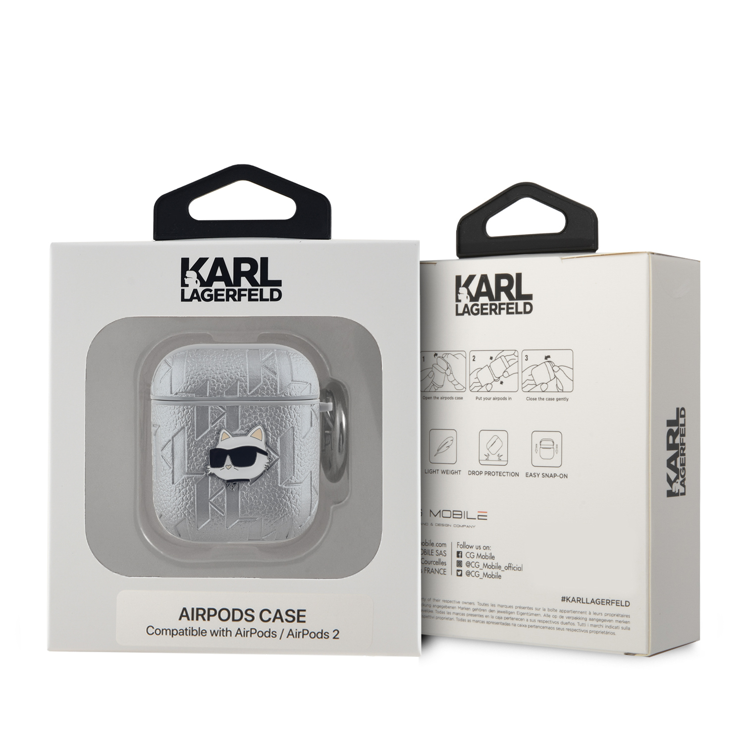 Karl Lagerfeld PU Embossed Choupette Head Pouzdro pro AirPods 1/2 Silver