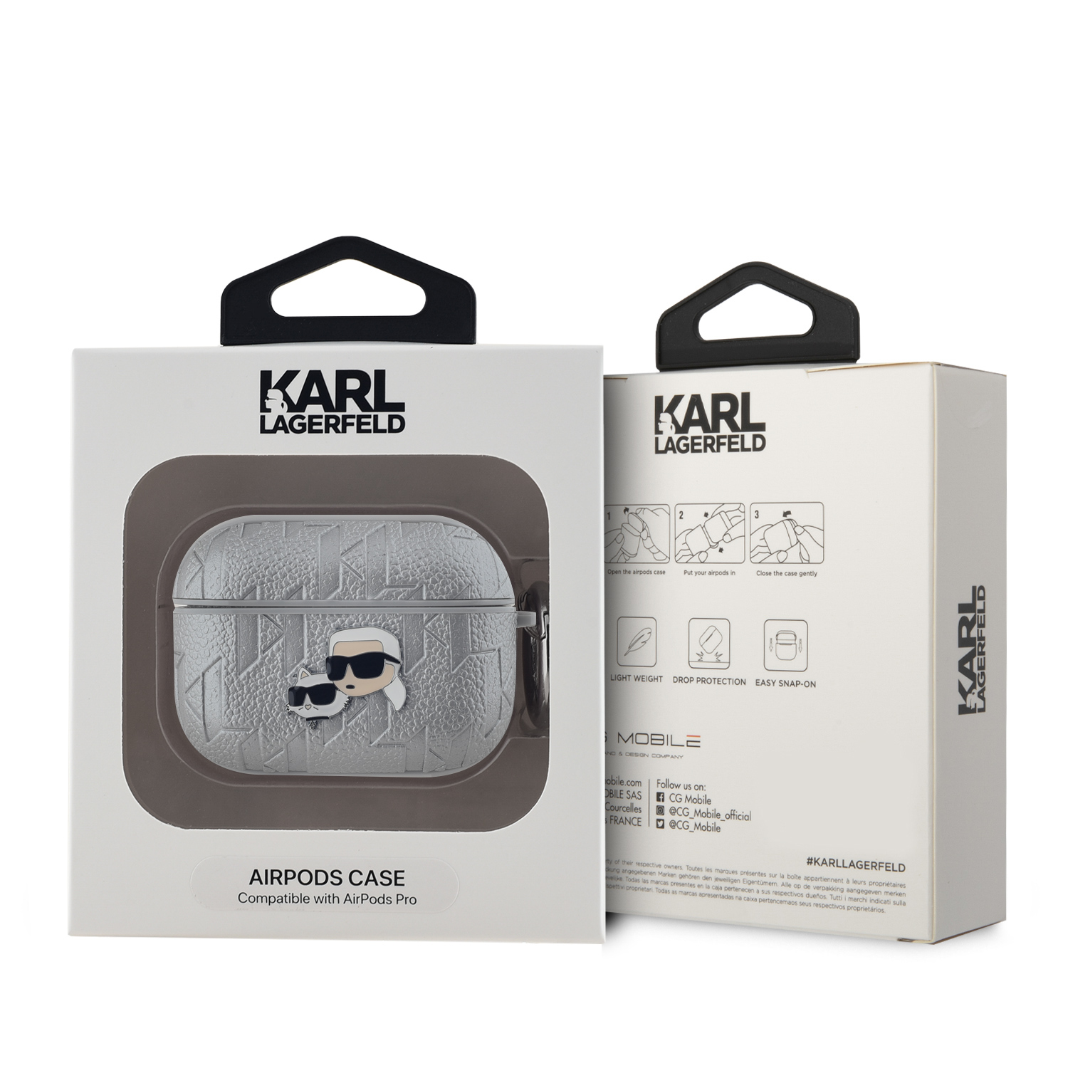 Karl Lagerfeld PU Embossed Karl and Choupette Heads Pouzdro pro AirPods Pro Silver