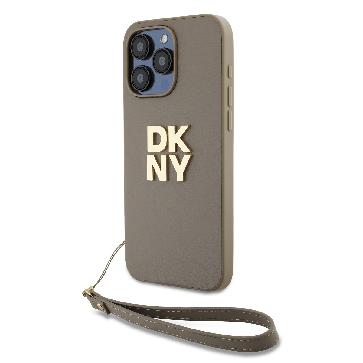 DKNY PU Leather Stack Logo Wrist Strap Zadní Kryt pro iPhone 14 Pro Max Beige