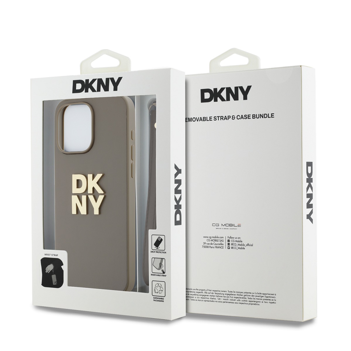 DKNY PU Leather Stack Logo Wrist Strap Zadní Kryt pro iPhone 14 Pro Max Beige