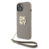 DKNY PU Leather Stack Logo Wrist Strap Zadní Kryt pro iPhone 15 Beige