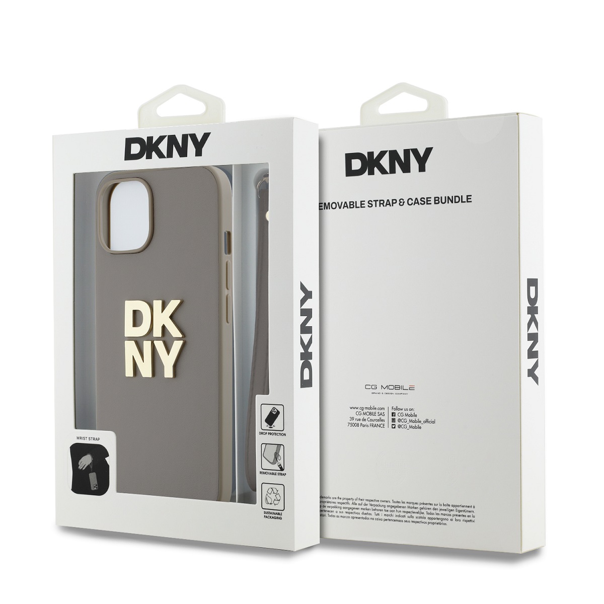 DKNY PU Leather Stack Logo Wrist Strap Zadní Kryt pro iPhone 15 Beige