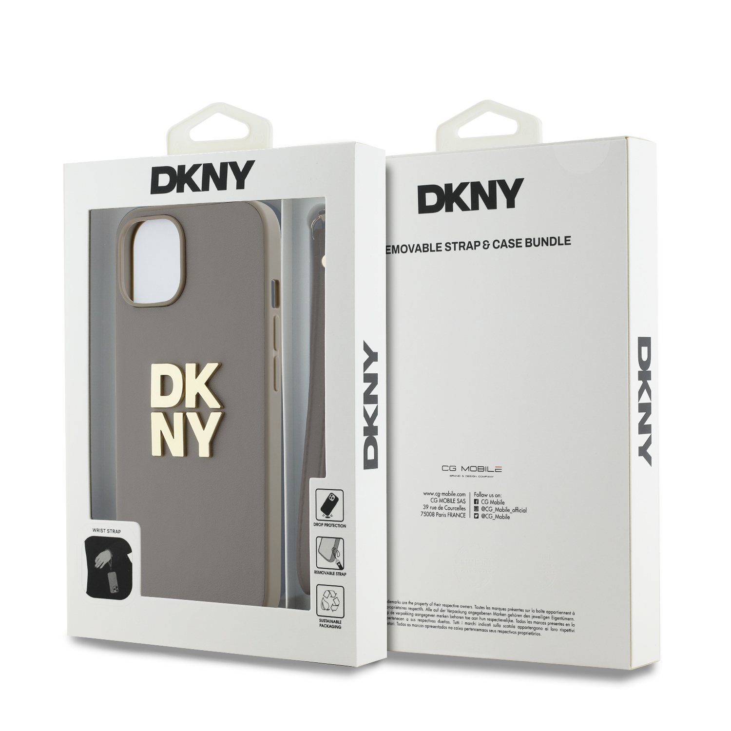 DKNY PU Leather Stack Logo Wrist Strap Zadní Kryt pro iPhone 14 Beige