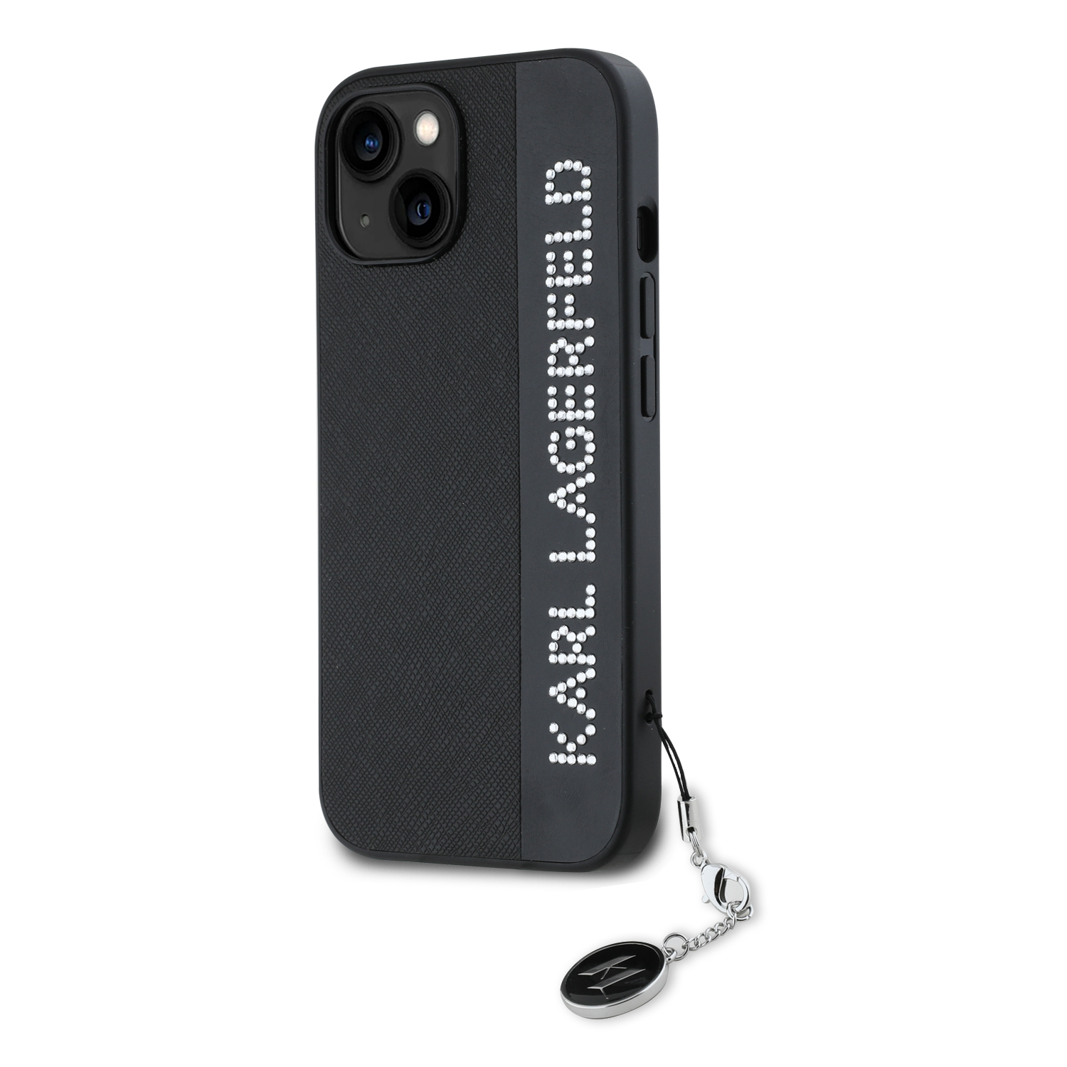 Karl Lagerfeld PU Saffiano Rhinestone Charm Zadní Kryt pro iPhone 15 Black