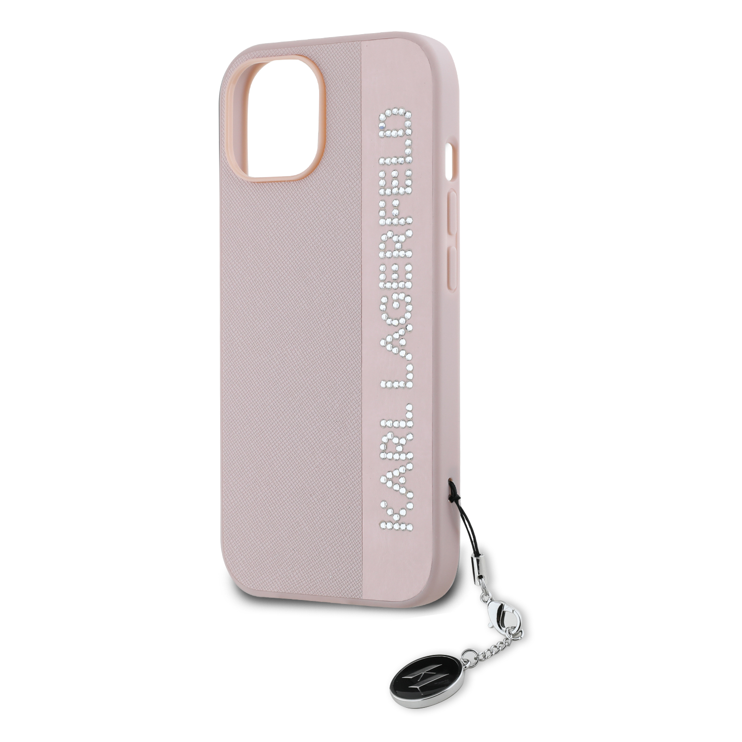 Karl Lagerfeld PU Saffiano Rhinestone Charm Zadní Kryt pro iPhone 15 Pink