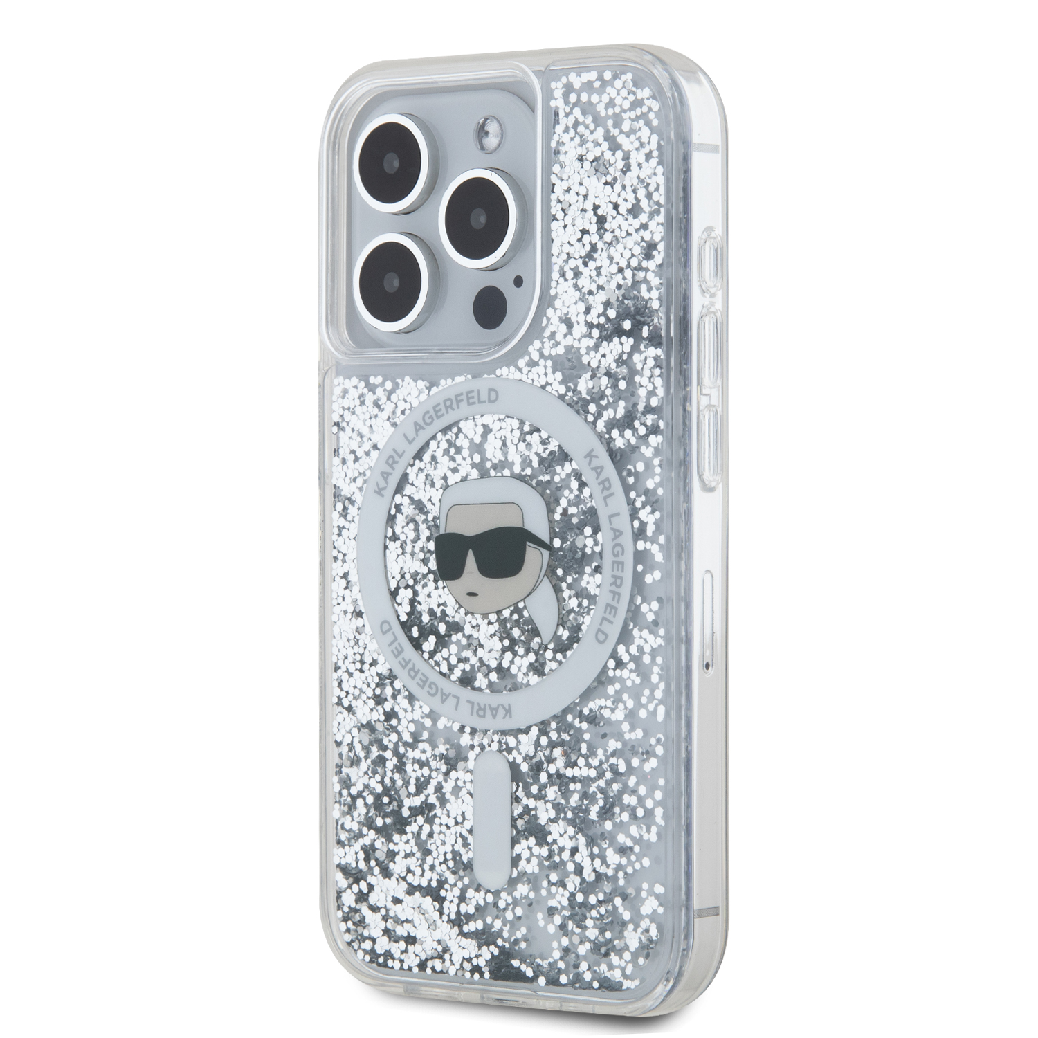 Karl Lagerfeld Liquid Glitter Karl Head MagSafe Zadní Kryt pro iPhone 15 Pro Transparent